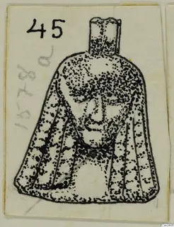 Stippled ink drawing of a small pendant-like object with a face on its rounded body and a tall cylindrical top.