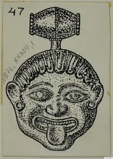 Drawing of a gold face pendant with a protruding tongue and a loop at the top