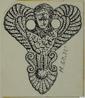 Drawing of a gold pendant with two round holes, ribbed fan-shaped lobes and spiral scrolls below