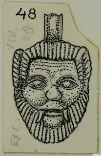 Field drawing of a gold pendant with a face framed by ridged hair or beard, with a tube-like loop at the top