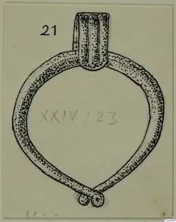 Pen drawing of a loop-shaped jewellery item with a tubular element at the top and two small knobs at the bottom