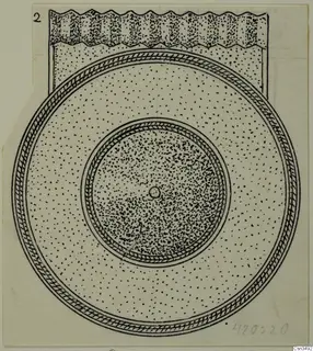 Field drawing of a round gold object from Lapithos, with hatched rims and a rectangular tab at the top.