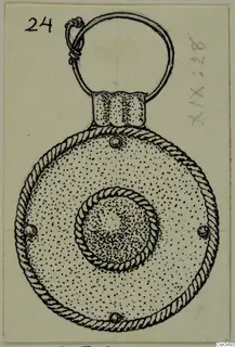 Field drawing of a disc-shaped pendant with a twisted-cord rim, a central boss and a loop at the top