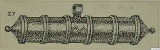 Pen drawing of a tubular object with six raised bands, a loop on top and knobbed ends.