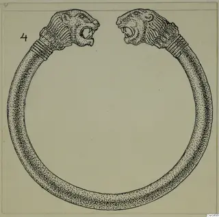 Drawing of an open gold ring with an animal head at each end