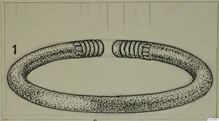 Drawing of an open gold ring with ridged bands at both ends