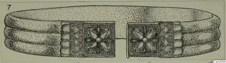 Ink drawing of a gold bangle with two decorated clasp plates at its join