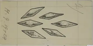 Drawing of six flat, lozenge-shaped objects outlined in black and shaded with stippling, on a grid-ruled card
