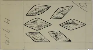 Drawing of six lozenge-shaped gold jewellery fragments from Marion