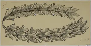 Drawing of a gold wreath of laurel-like leaves with round beads, from the finds of Amathus tombs 10–26
