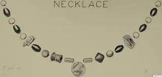 Drawing of a necklace of beads and pendants, with a disc pendant hanging at the centre