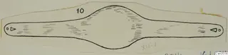 Pen drawing of an elongated object with a swollen centre, tapering to rounded ends with small marks at each end