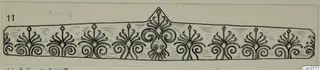Ink drawing of a narrow gold band with repeated palmette and spiral motifs and a larger central motif.