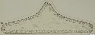 Ink drawing of a flat, pointed gold ornament with a dotted spiral border.