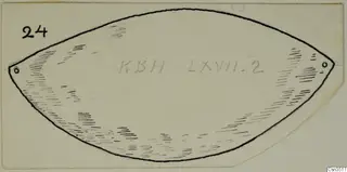 Pen drawing of a flat, leaf-shaped piece of jewellery with a small hole at each pointed end