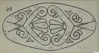 Line drawing of an oval ornament with symmetrical scrolls and fan-shaped motifs