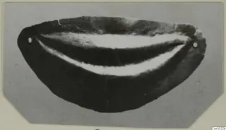 Crescent-shaped piece of jewellery with a small hole near each end, photographed on a grey card.