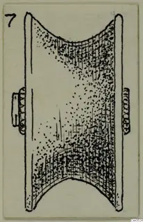 Drawing of a gold ornament: a hollow tubular piece with side fittings and stippled, cross-hatched surface