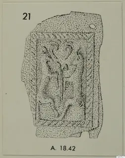 Drawing of a gold jewellery piece, a plaque-like object with a suspension hole and curving relief-like decoration