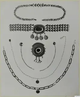 Jewellery laid out in rows: ribbed bead necklace, bead band with shell-shaped pendants, round pendant, fine chains and heavy link chain.