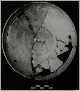 Shallow bowl pieced together from fragments, with a horse motif and concentric rings of small circles at its centre