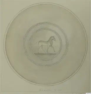 Drawing of a round bowl with a walking horse in a central panel framed by dotted rings