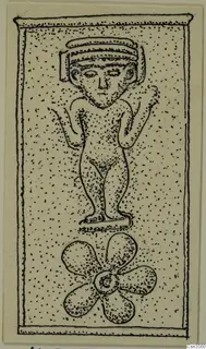 Drawing of a gold and silver plaque from the Kastros tombs at Lapithos, showing a standing figure above a four-lobed motif