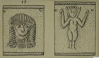 Drawing of two gold and silver plaques: a frontal face with radiating hair, and a nude standing figure with raised arms.