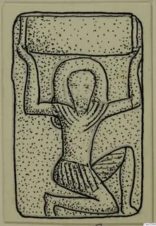 Ink drawing of a stylised figure with a rectangular top and hatched lower part, from Bronze Age gold and silver, type 2a,b,d