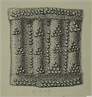 Stippled ink drawing of a metal object with rows of raised round bosses, from Enkomi