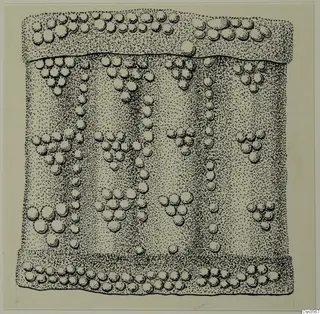 Ink drawing of a gold and silver object with rows of raised round studs over a stippled ground.