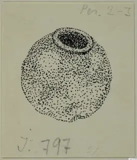 Stippled ink drawing of a round object with a dark circular opening at the top.