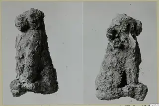 Two views of a heavily corroded metal figure with a head at top and a tapering body, on a mounted photograph card.
