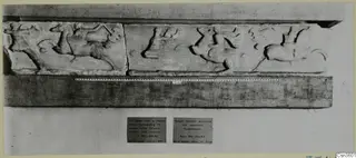 Two carved stone relief slabs showing horses and riders, with a scale bar and printed labels below