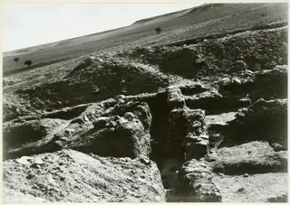 Excavated trenches with exposed stone walls on a dry hillside, with a few small trees in the background.