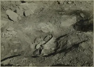 Excavation trench with broken pottery sherds and a partly exposed vessel among stones and soil