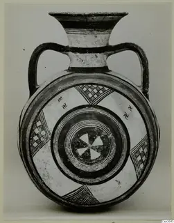 Pottery Bichrome III: round-bodied flask with two loop handles, concentric bands, checkerboard panels and hooked motifs