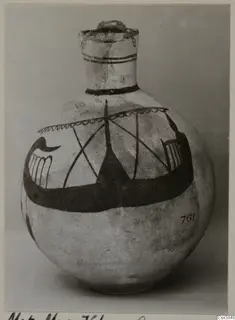 Round pottery vessel with a tall collar neck and a black-painted ship motif on its body