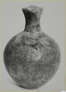 Pottery Bichrome III: a round-bodied vessel with a narrow neck and flared rim, with a painted pattern band on the shoulder.