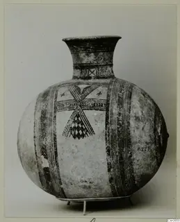 Pottery Bichrome III: round-bodied vessel with a flaring neck, painted bands and crossed motifs