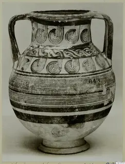 Two-handled pottery amphora-crater with spiral and band decoration, shown against a plain grey background