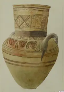Watercolour drawing of a painted two-handled amphora-crater with banded and tulip-like decoration on the body.