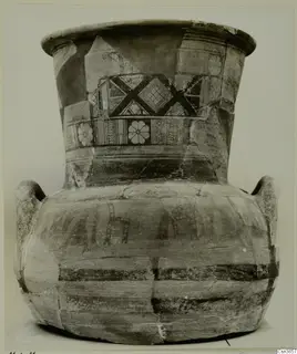 Painted pottery amphora-crater with a wide mouth, two handles and geometric and flower bands in dark paint on a pale surface.