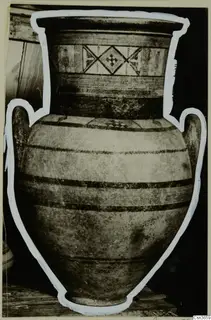 Pottery Bichrome IV amphora-crater S.17.1, a two-handled jar with dark bands and a diamond motif on the neck