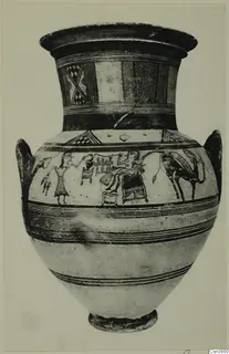 Bichrome IV amphora-krater, a two-handled painted vessel with a frieze of figures and an animal on its body