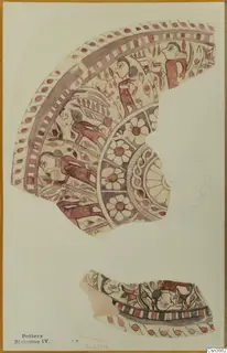 Painted drawing of two Bichrome IV pottery sherds with figures, rosettes and bands in red and purple
