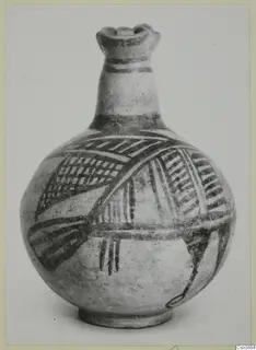 Jug with a globular body, tall neck and lobed rim, decorated with dark painted bands and hatched panels
