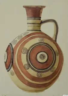 Watercolour drawing of a bichrome jug with red and cream bands and concentric circle motifs