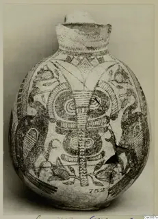 Painted jug, Pottery Bichrome IV, with spiral and hatched motifs on a rounded body