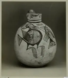 Pottery Bichrome IV jug with painted birds and bands, photographed against a grey backdrop